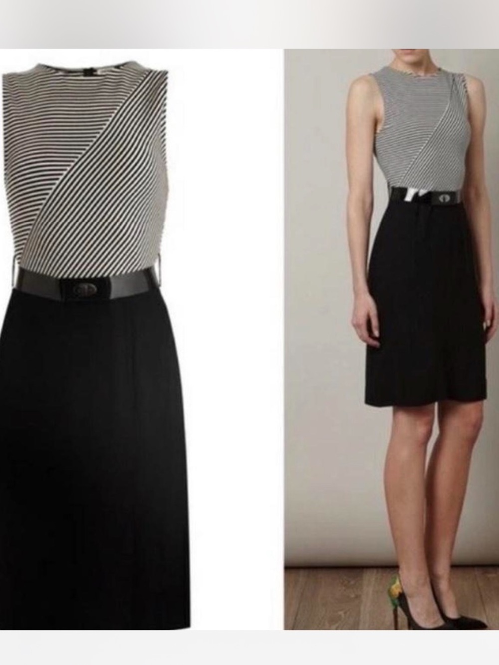 vintage designer Sleeveless Black & White Striped Sheath Dress